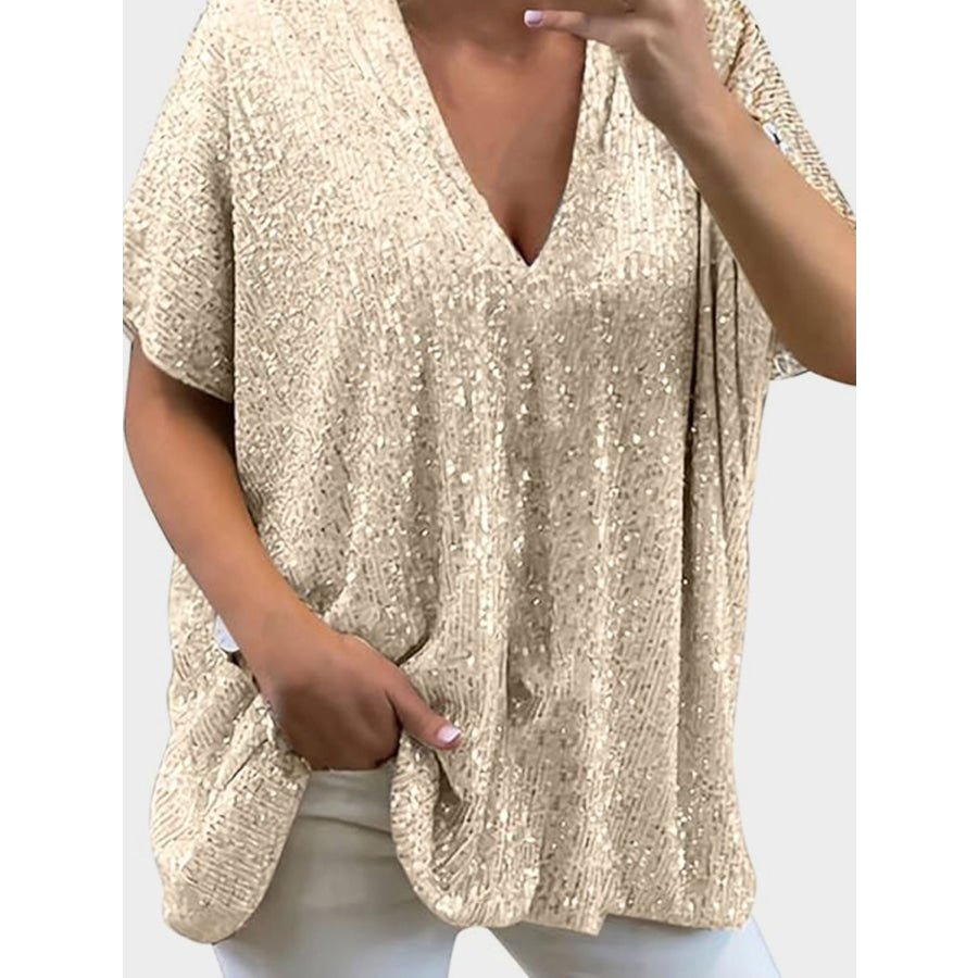 Full Size Sequin V-Neck Short Sleeve Top Pastel Yellow / S Apparel and Accessories