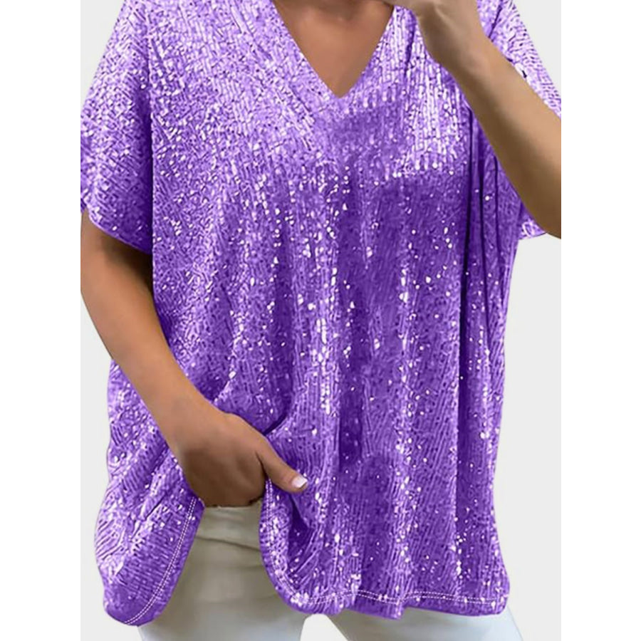 Full Size Sequin V-Neck Short Sleeve Top Purple / S Apparel and Accessories