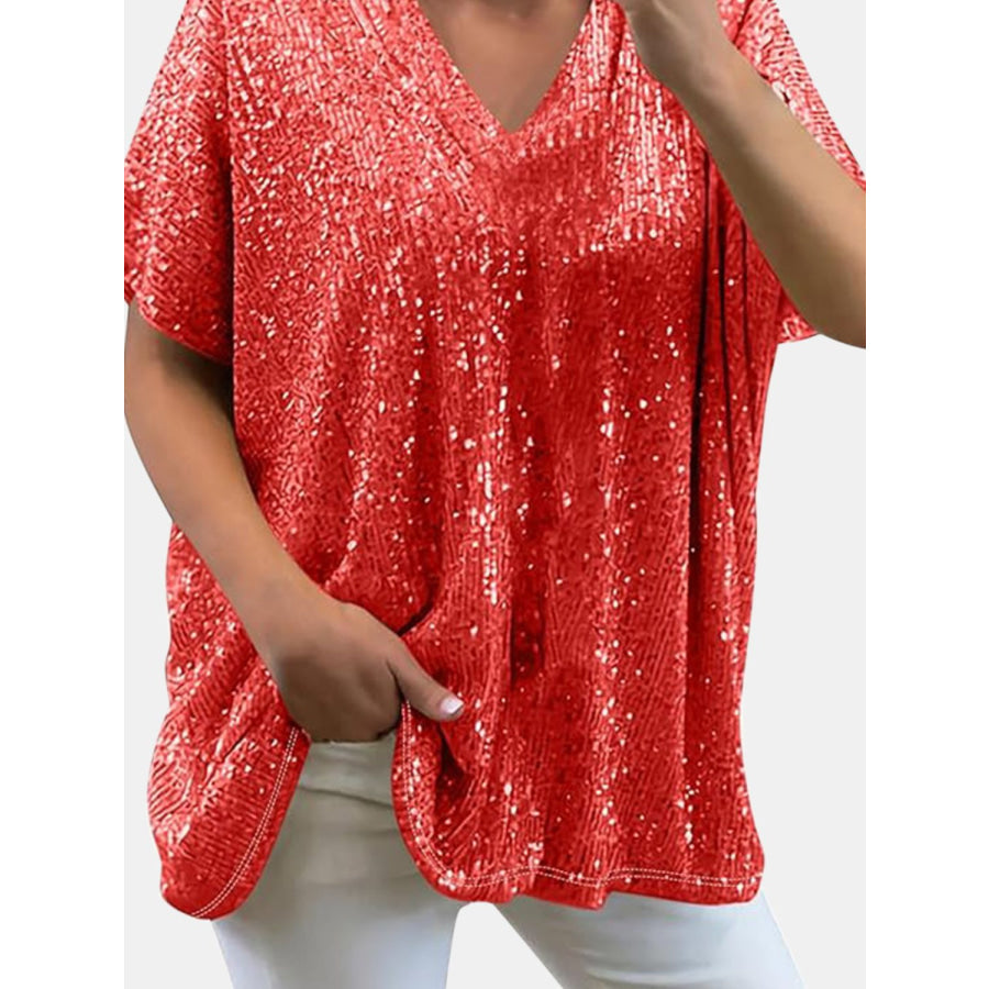 Full Size Sequin V-Neck Short Sleeve Top Red / S Apparel and Accessories