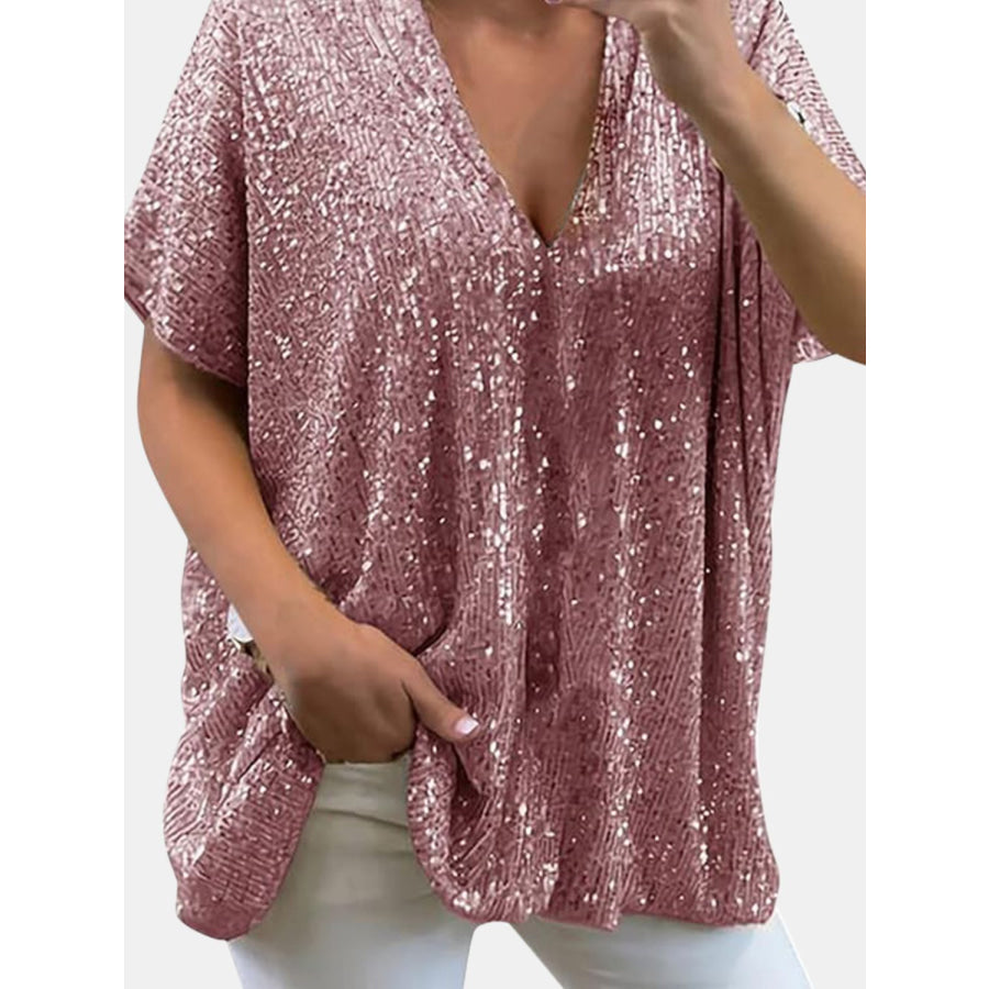 Full Size Sequin V-Neck Short Sleeve Top Rose Gold / S Apparel and Accessories