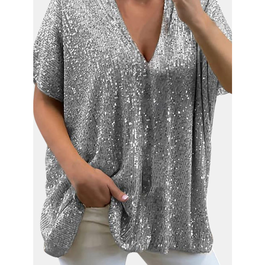 Full Size Sequin V-Neck Short Sleeve Top Silver / S Apparel and Accessories