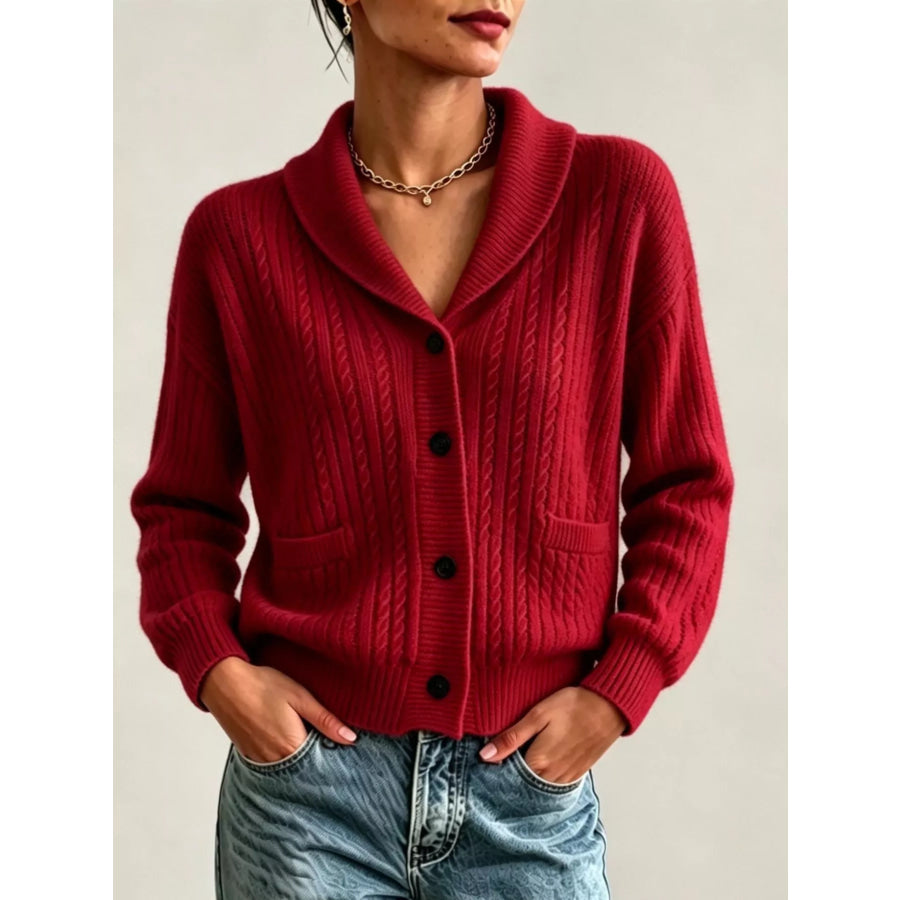 Full Size Shawl Collar Cable Knit Cardigan Plus Size Burgundy / S Apparel and Accessories