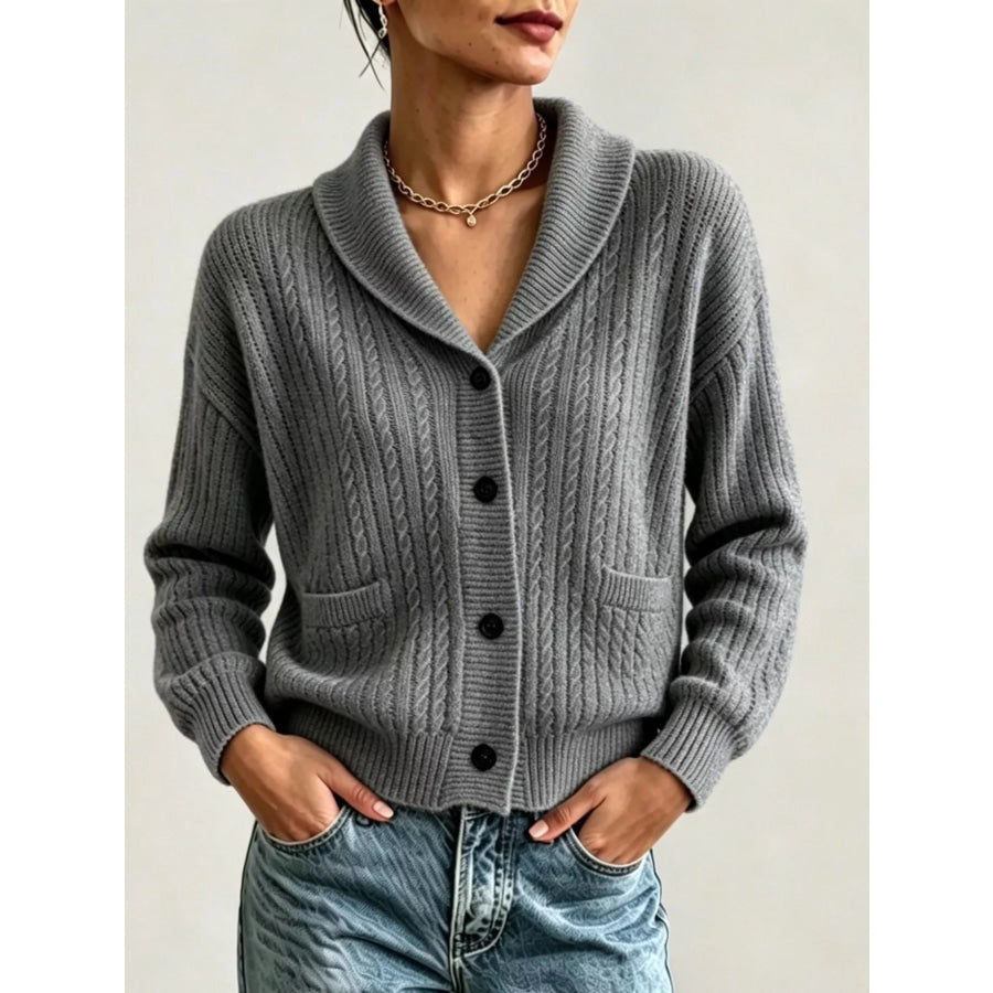 Full Size Shawl Collar Cable Knit Cardigan Plus Size Dark Gray / S Apparel and Accessories