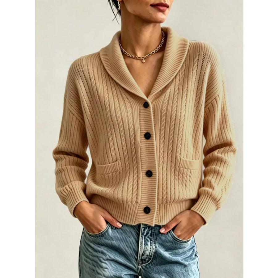 Full Size Shawl Collar Cable Knit Cardigan Plus Size Khaki / S Apparel and Accessories
