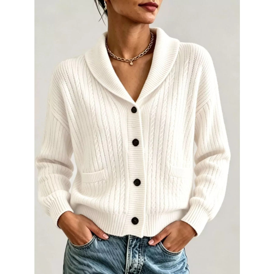 Full Size Shawl Collar Cable Knit Cardigan Plus Size White / S Apparel and Accessories