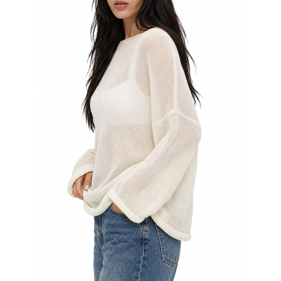 Full Size Sheer Lightweight Knit Top Plus Apparel and Accessories