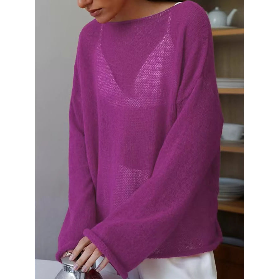 Full Size Sheer Lightweight Knit Top Plus Purple / M Apparel and Accessories