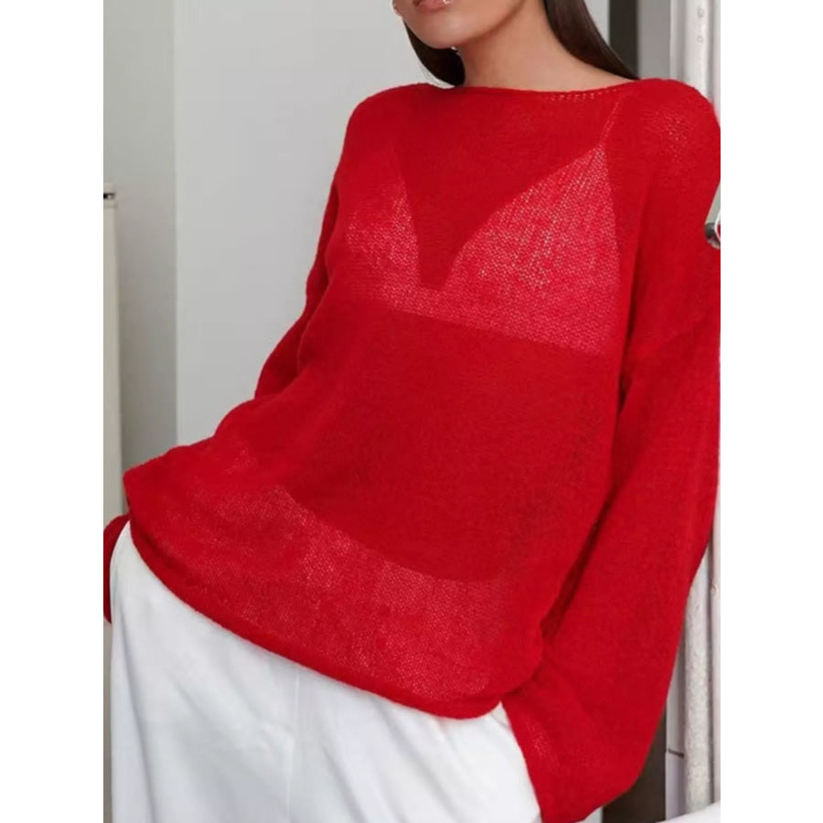 Full Size Sheer Lightweight Knit Top Plus Red / XS Apparel and Accessories