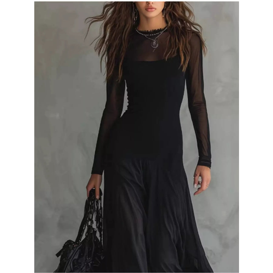 Full Size Sheer Mesh Long Sleeve Maxi Dress Plus Size Apparel and Accessories