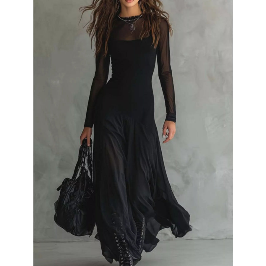 Full Size Sheer Mesh Long Sleeve Maxi Dress Plus Size Black / XS Apparel and Accessories