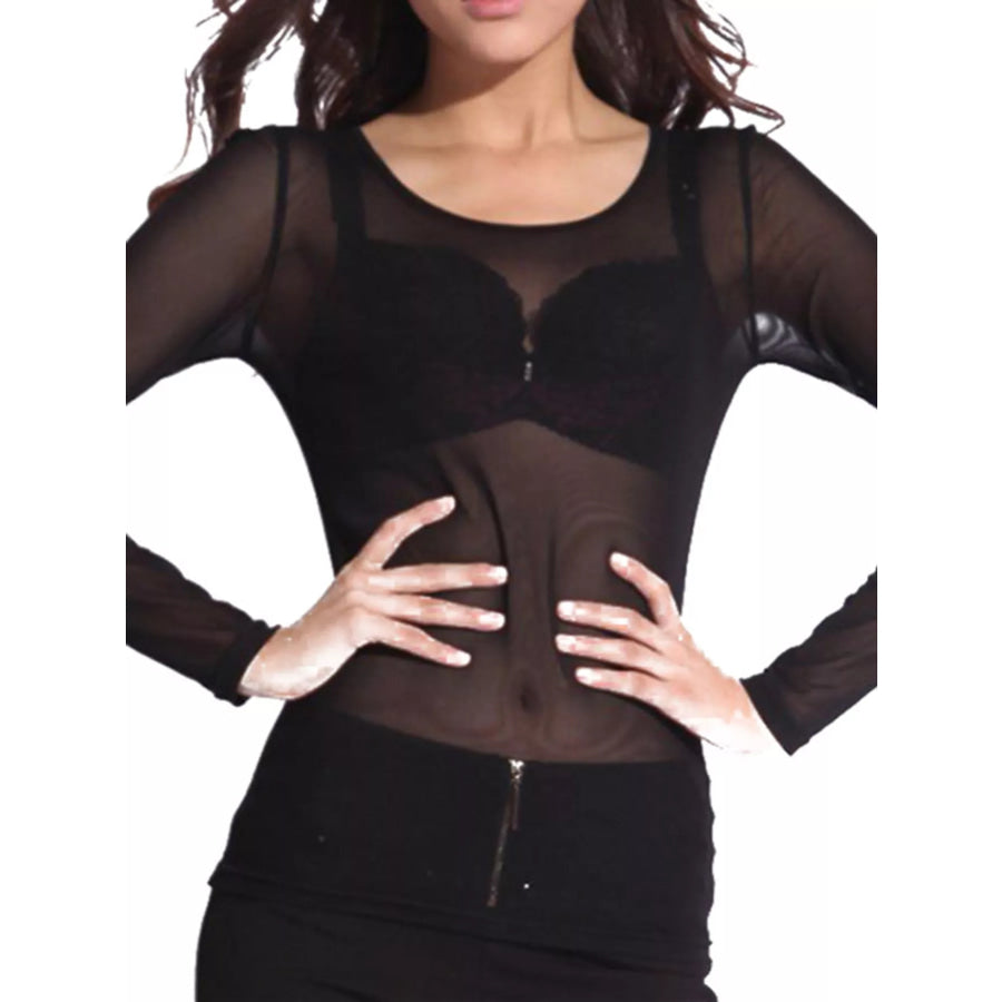 Full Size Sheer Mesh Long Sleeve Top Plus Apparel and Accessories