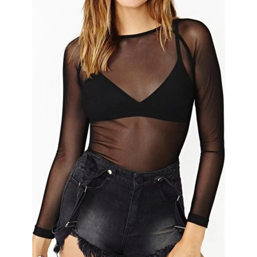 Full Size Sheer Mesh Long Sleeve Top Plus Apparel and Accessories