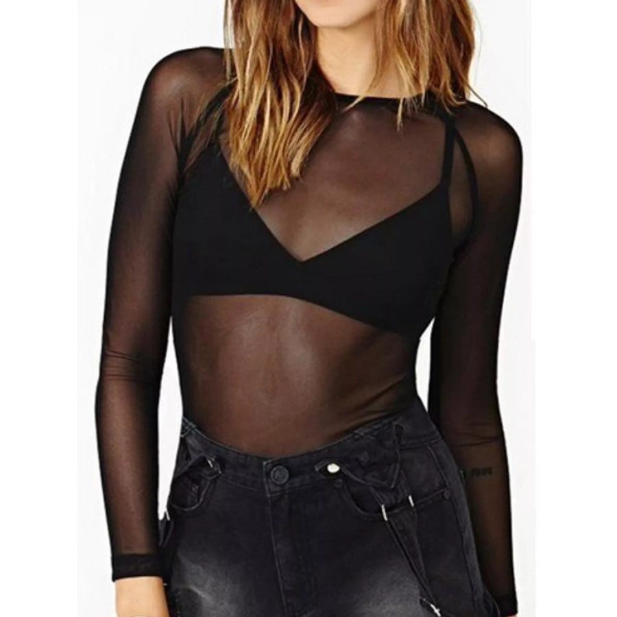 Full Size Sheer Mesh Long Sleeve Top Plus Black / S Apparel and Accessories