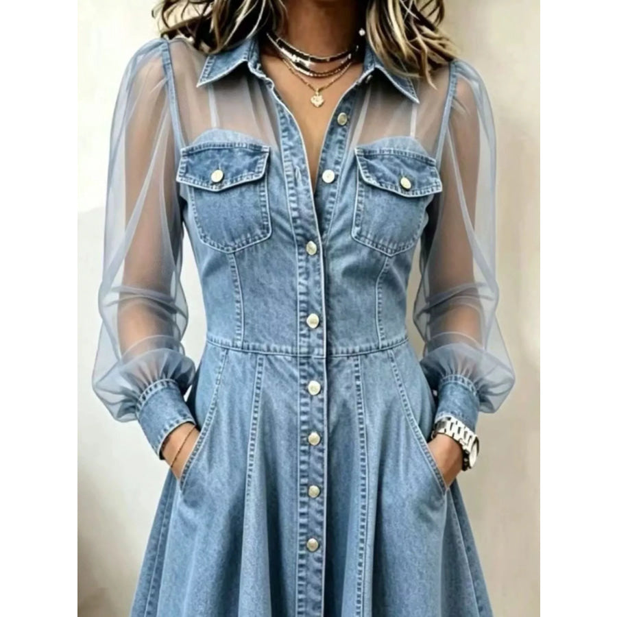 Full Size Sheer Mesh Long Sleeves Shirt Dress Plus Apparel and Accessories