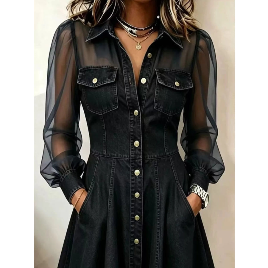 Full Size Sheer Mesh Long Sleeves Shirt Dress Plus Apparel and Accessories