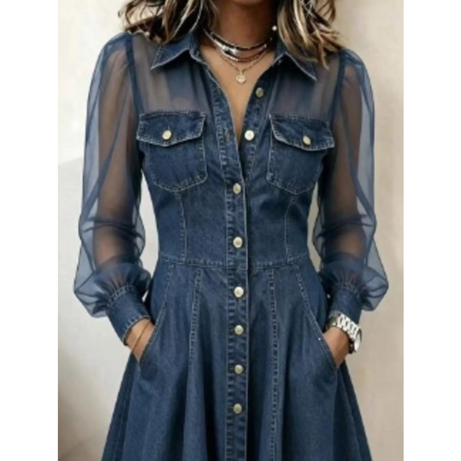 Full Size Sheer Mesh Long Sleeves Shirt Dress Plus Dark Blue / S Apparel and Accessories