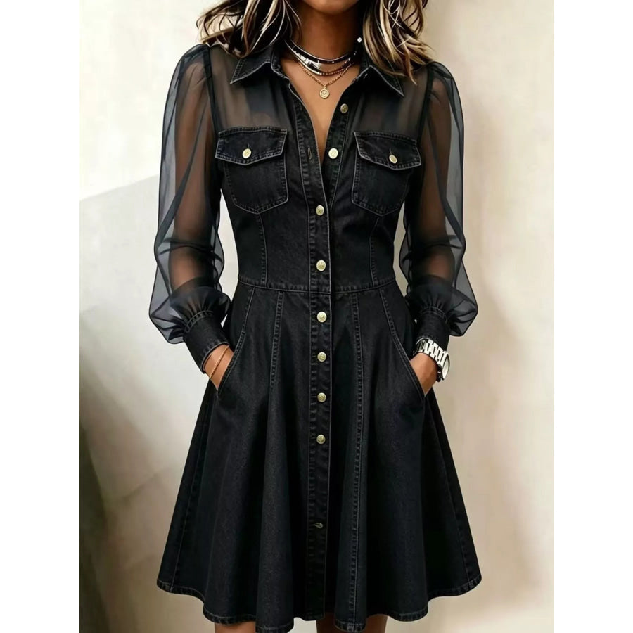 Full Size Sheer Mesh Long Sleeves Shirt Dress Plus Black / S Apparel and Accessories