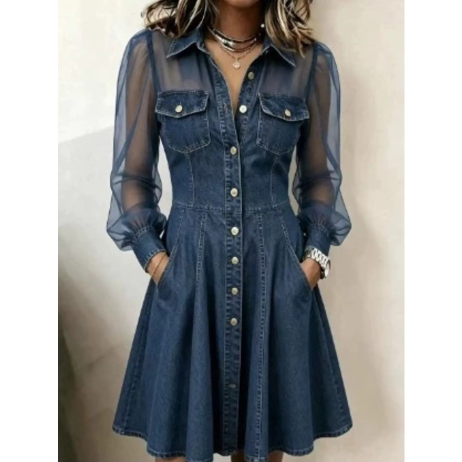 Full Size Sheer Mesh Long Sleeves Shirt Dress Plus Dark Blue / S Apparel and Accessories