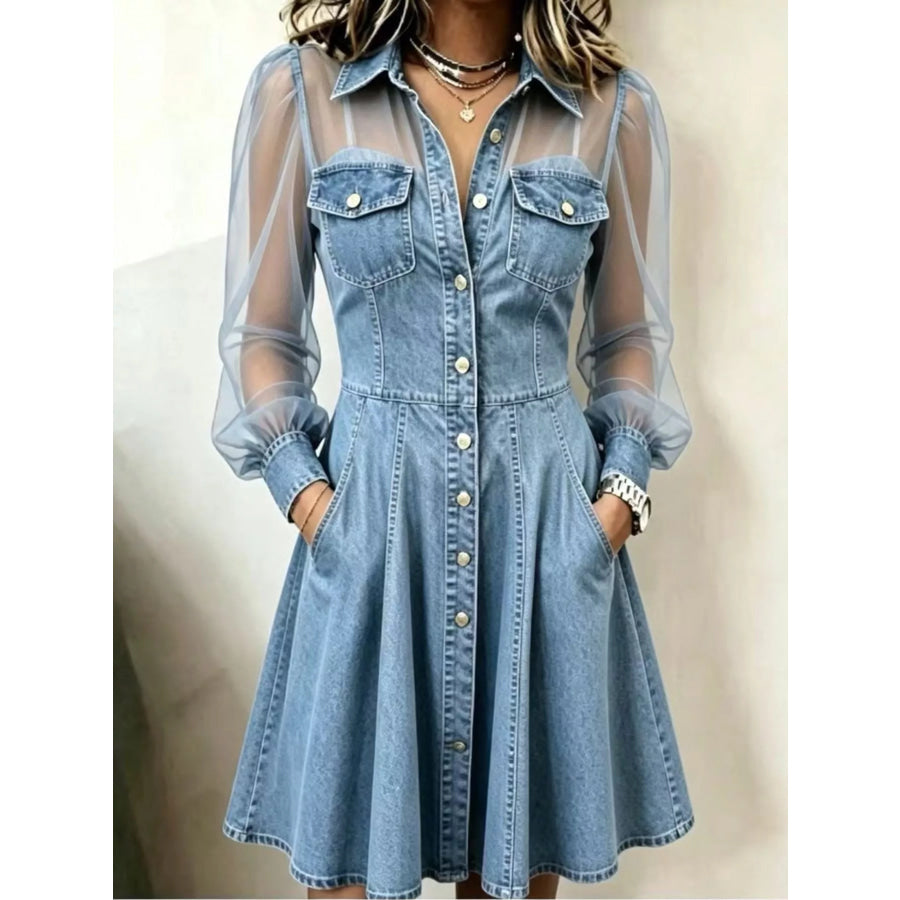 Full Size Sheer Mesh Long Sleeves Shirt Dress Plus Sky Blue / S Apparel and Accessories