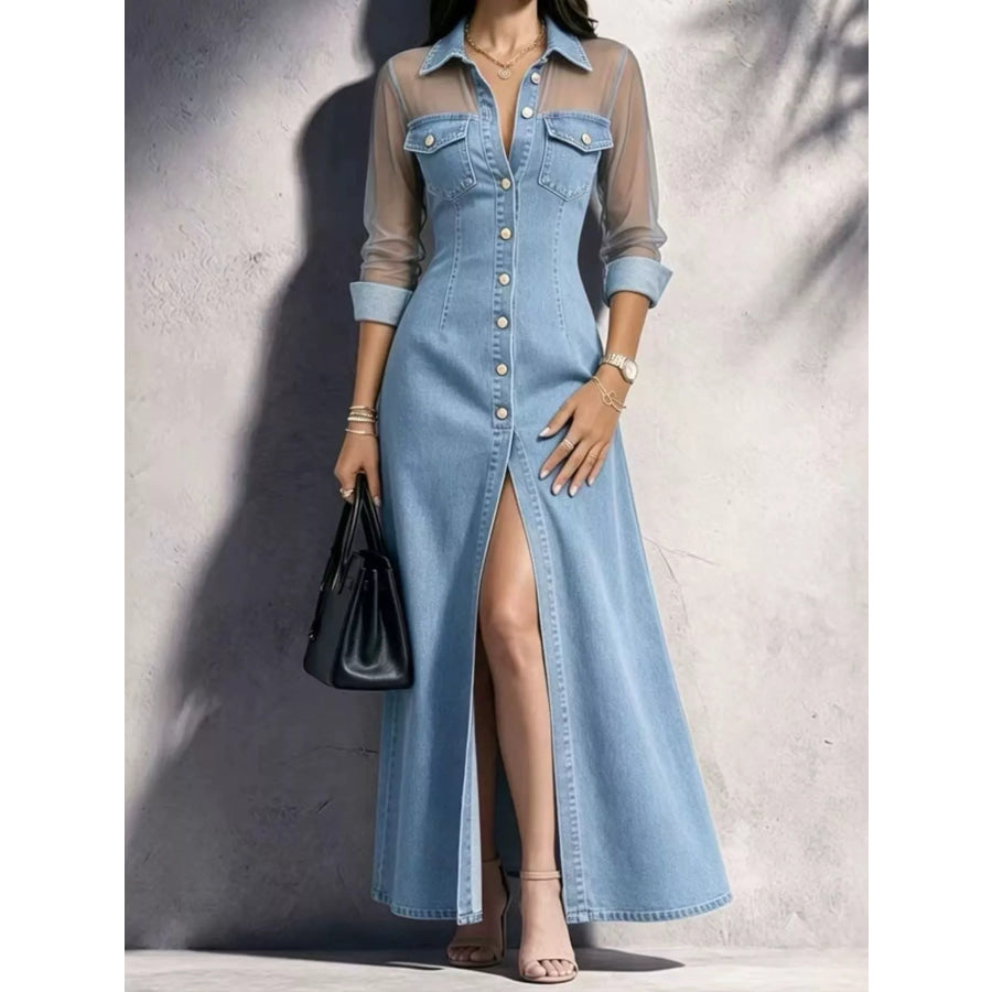 Full Size Sheer Mesh Panel Button-Down Denim Maxi Dress Plus Apparel and Accessories