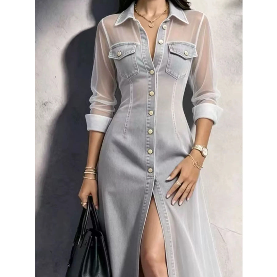 Full Size Sheer Mesh Panel Button-Down Denim Maxi Dress Plus Apparel and Accessories