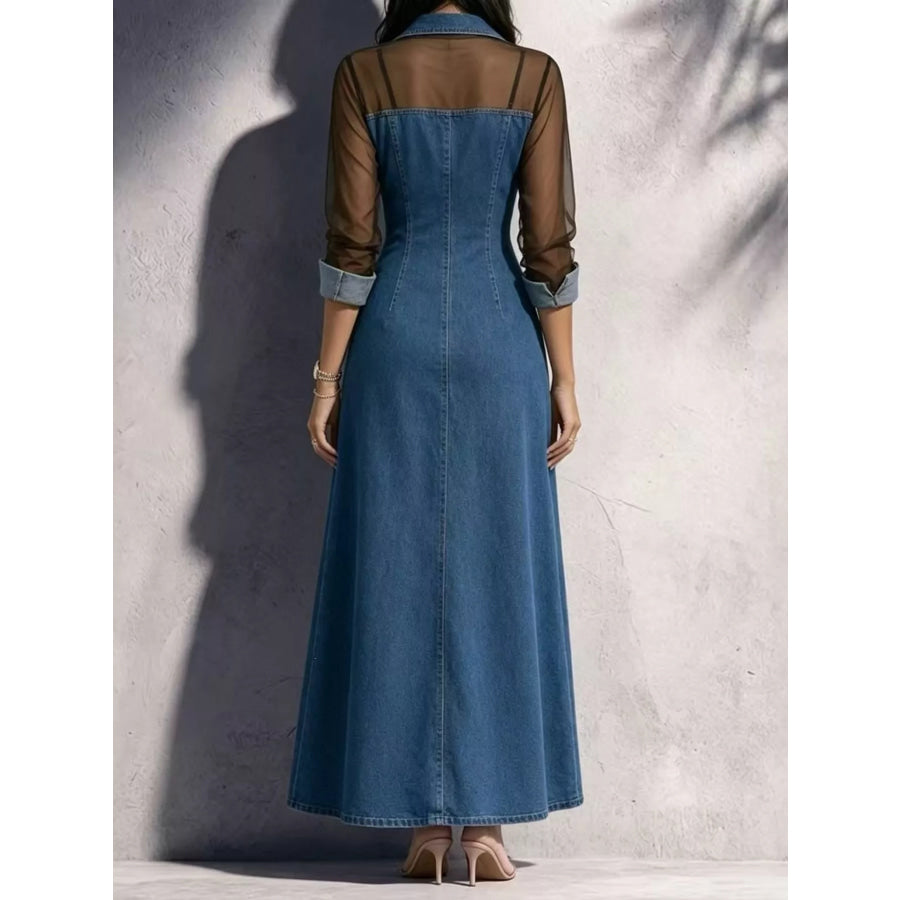 Full Size Sheer Mesh Panel Button-Down Denim Maxi Dress Plus Blue / S Apparel and Accessories