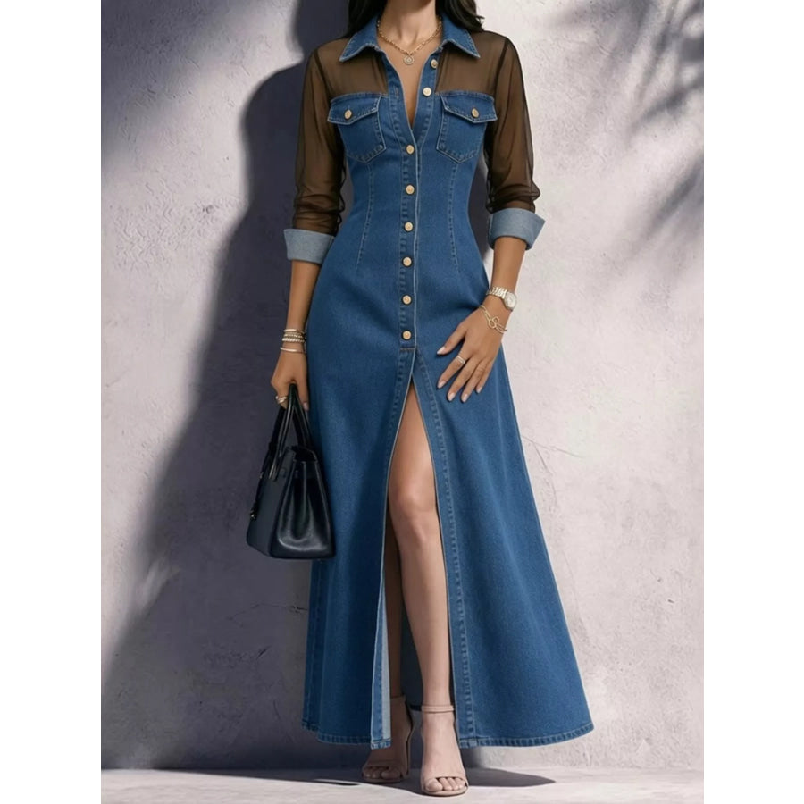 Full Size Sheer Mesh Panel Button-Down Denim Maxi Dress Plus Blue / S Apparel and Accessories