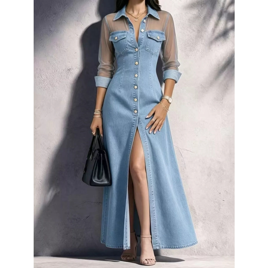 Full Size Sheer Mesh Panel Button-Down Denim Maxi Dress Plus Sky Blue / S Apparel and Accessories