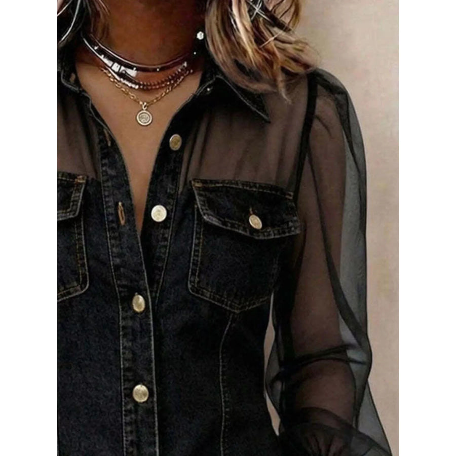 Full Size Sheer Mesh Sleeve Button Up Shirt Plus Apparel and Accessories