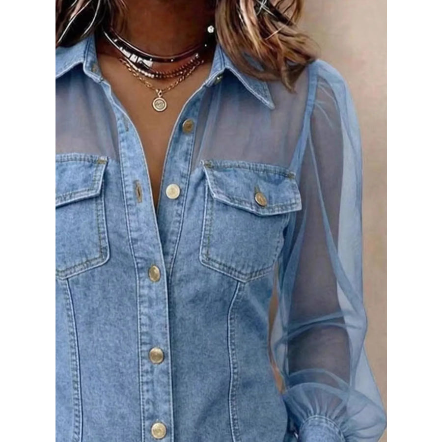 Full Size Sheer Mesh Sleeve Button Up Shirt Plus Apparel and Accessories