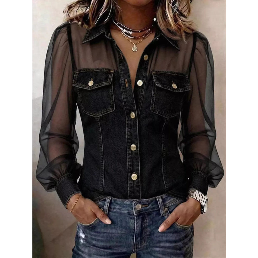 Full Size Sheer Mesh Sleeve Button Up Shirt Plus Black / S Apparel and Accessories