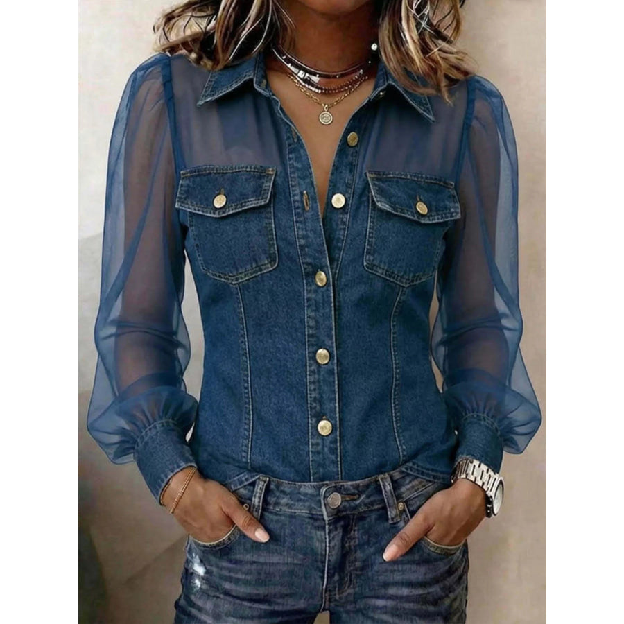 Full Size Sheer Mesh Sleeve Button Up Shirt Plus Dark Blue / S Apparel and Accessories