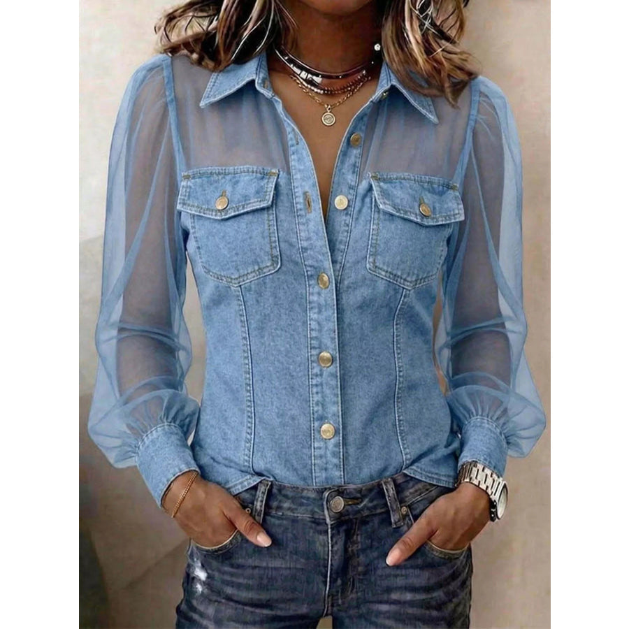 Full Size Sheer Mesh Sleeve Button Up Shirt Plus Light Blue / S Apparel and Accessories