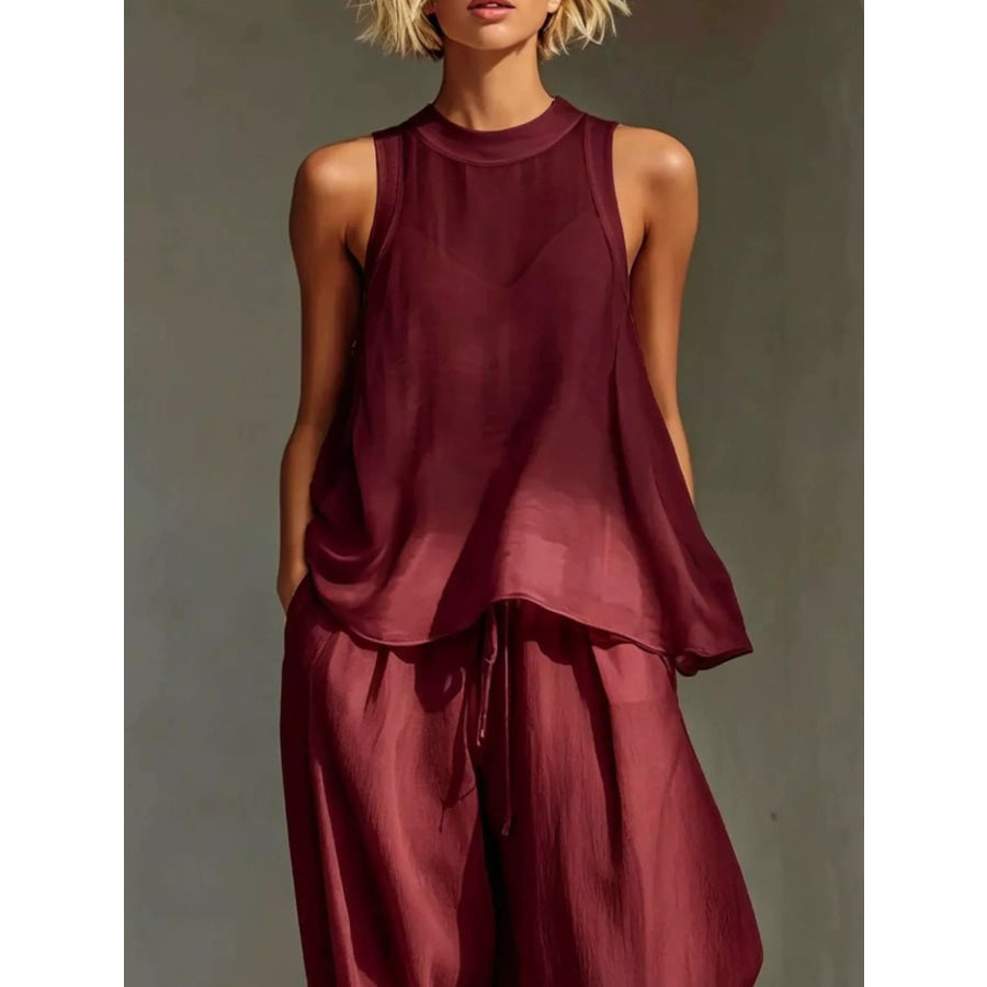 Full Size Sheer Sleeveless Top and Wide-Leg Pants Set Plus Size Apparel and Accessories