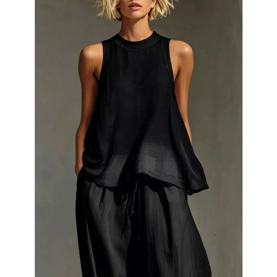 Full Size Sheer Sleeveless Top and Wide-Leg Pants Set Plus Size Apparel and Accessories