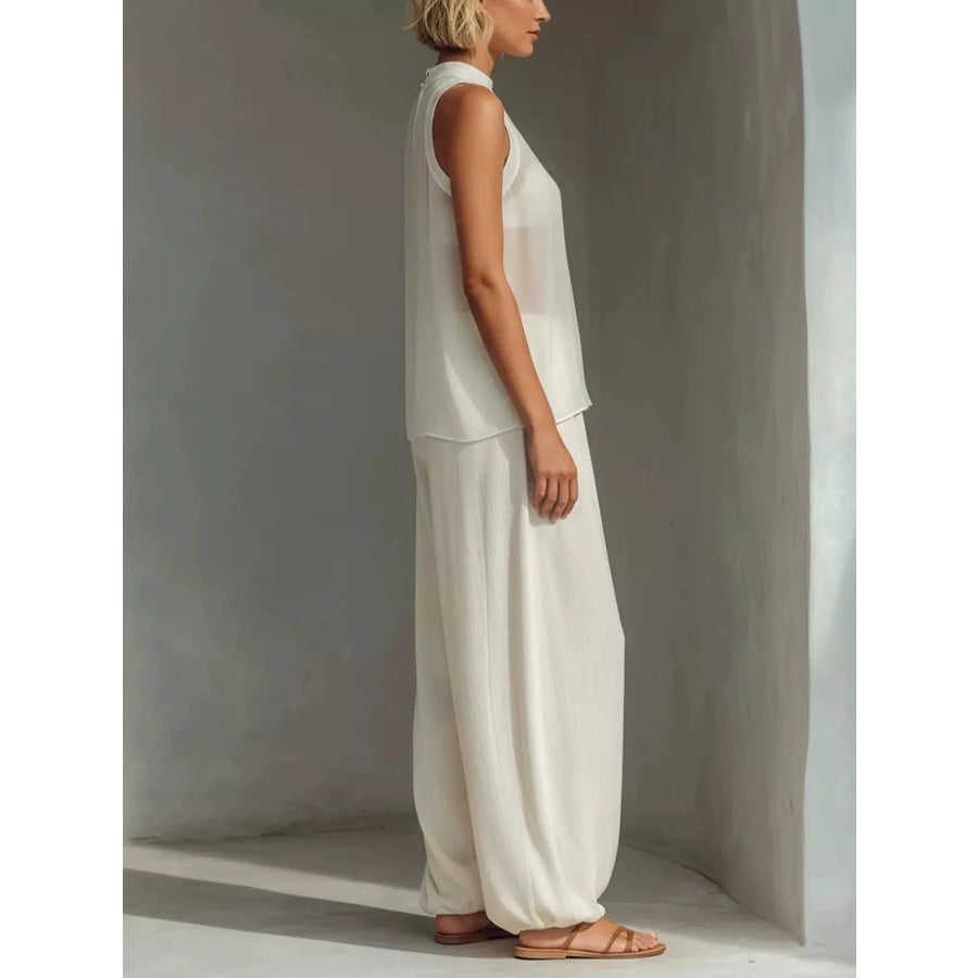 Full Size Sheer Sleeveless Top and Wide-Leg Pants Set Plus Size Apparel and Accessories