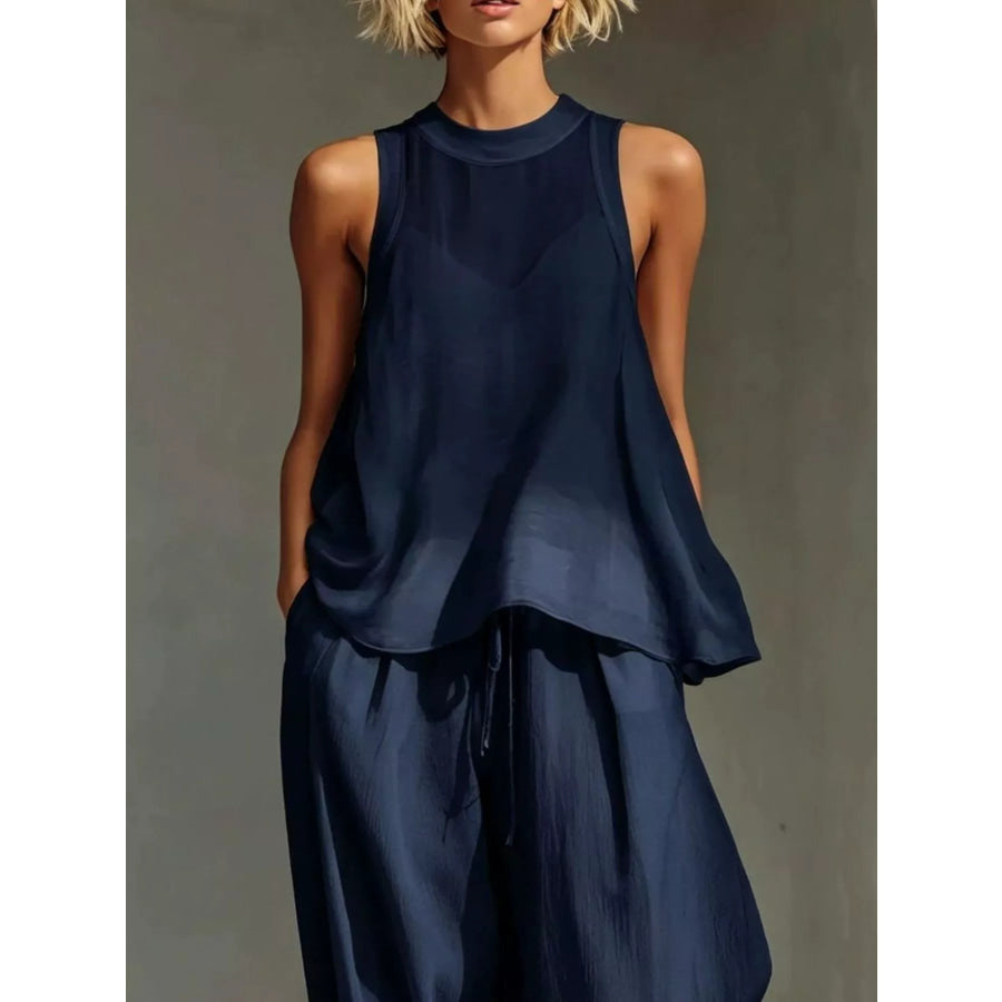 Full Size Sheer Sleeveless Top and Wide-Leg Pants Set Plus Size Apparel and Accessories