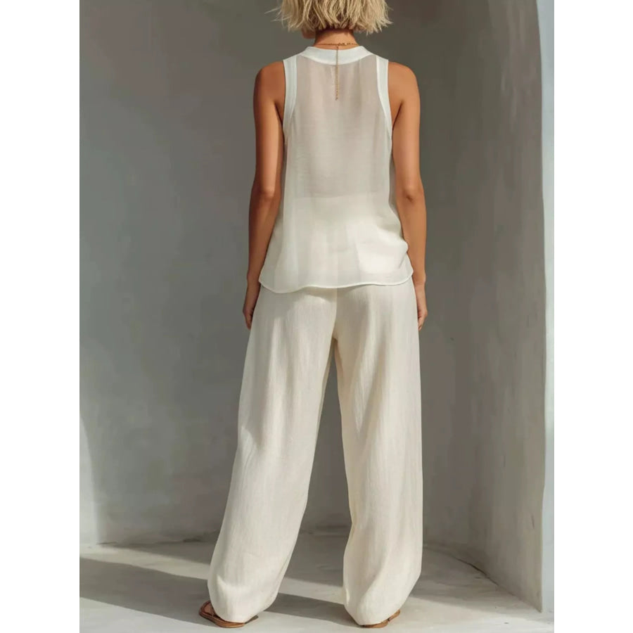 Full Size Sheer Sleeveless Top and Wide-Leg Pants Set Plus Size Apparel and Accessories