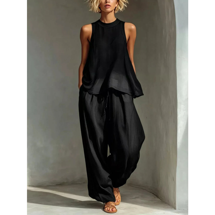 Full Size Sheer Sleeveless Top and Wide-Leg Pants Set Plus Size Black / S Apparel and Accessories