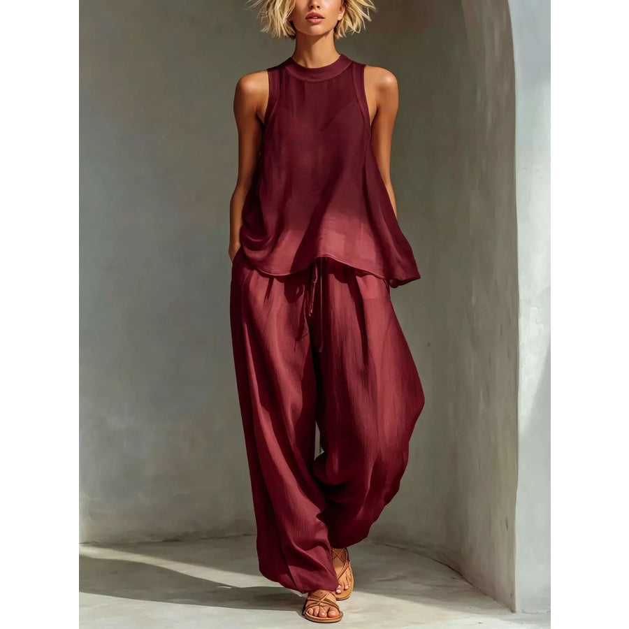 Full Size Sheer Sleeveless Top and Wide-Leg Pants Set Plus Size Burgundy / S Apparel and Accessories