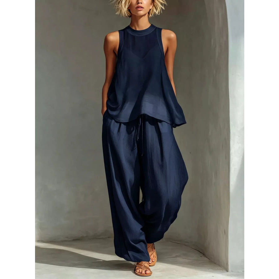 Full Size Sheer Sleeveless Top and Wide-Leg Pants Set Plus Size Navy Blue / S Apparel and Accessories