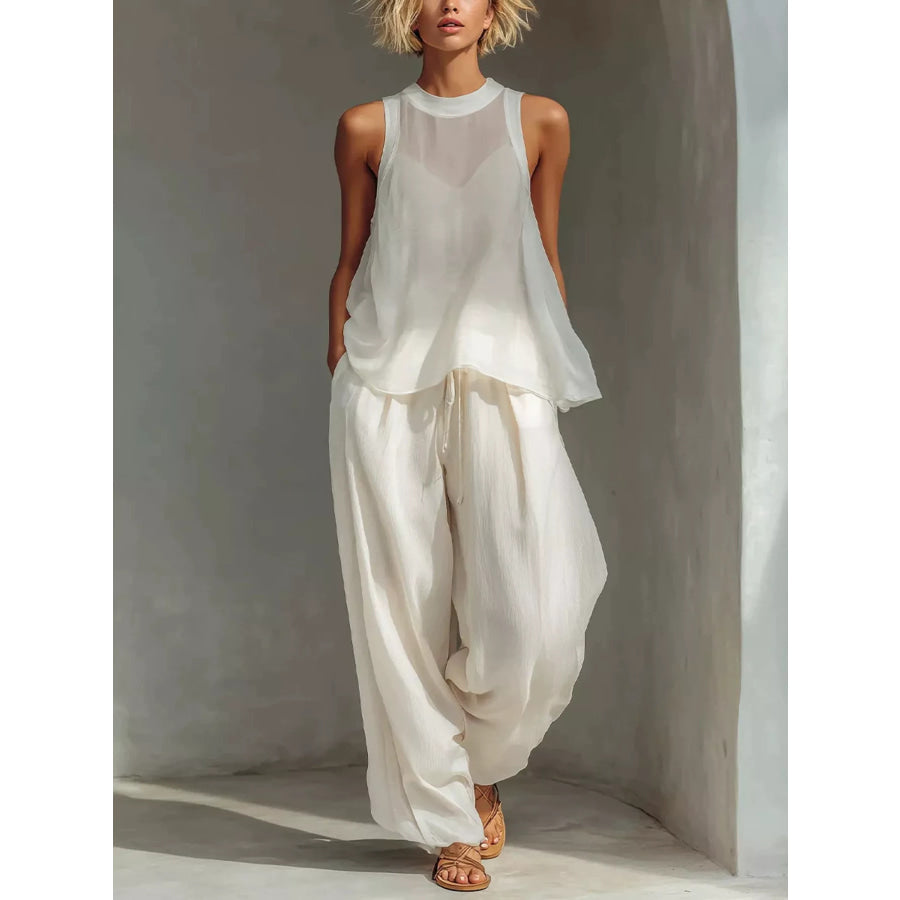 Full Size Sheer Sleeveless Top and Wide-Leg Pants Set Plus Size White / S Apparel and Accessories