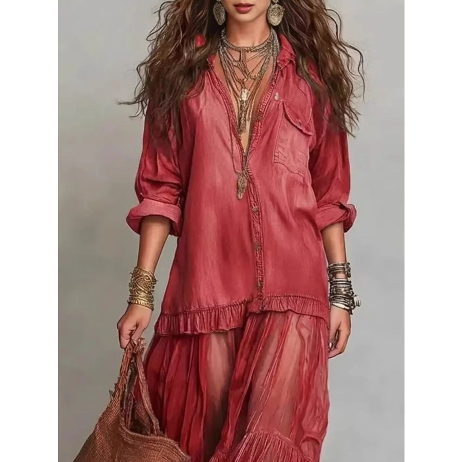 Full Size Sheer Tiered Long Sleeve Maxi Dress Plus Apparel and Accessories
