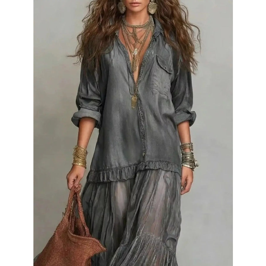 Full Size Sheer Tiered Long Sleeve Maxi Dress Plus Apparel and Accessories