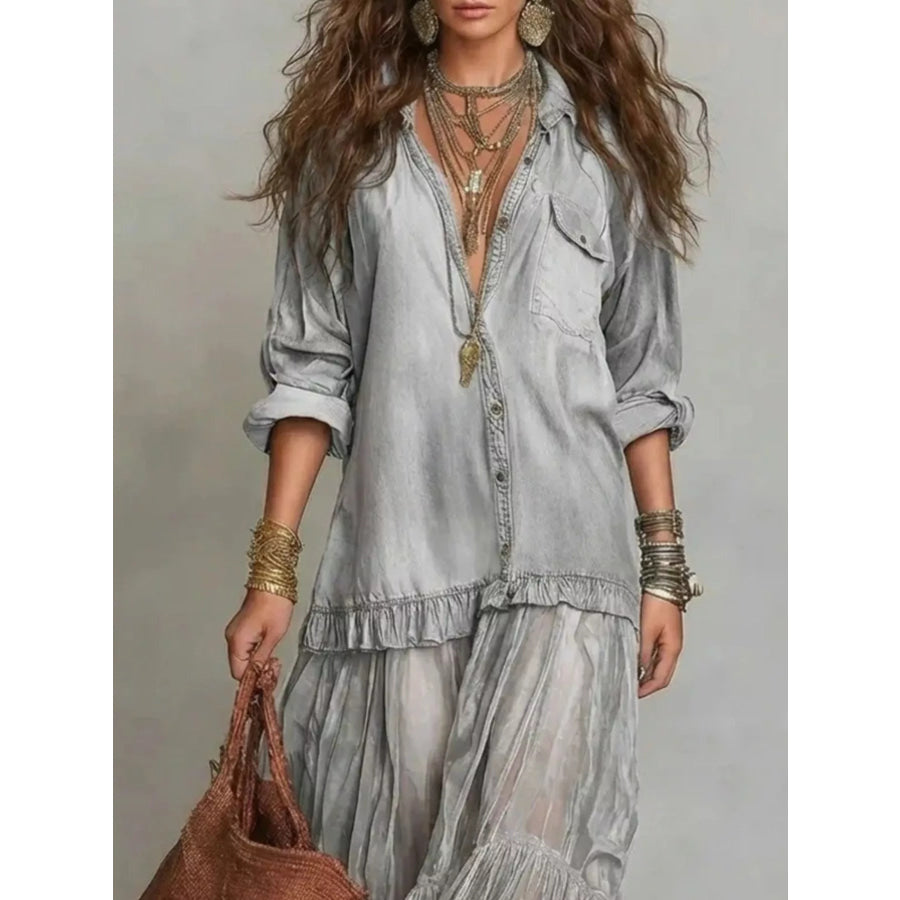 Full Size Sheer Tiered Long Sleeve Maxi Dress Plus Apparel and Accessories