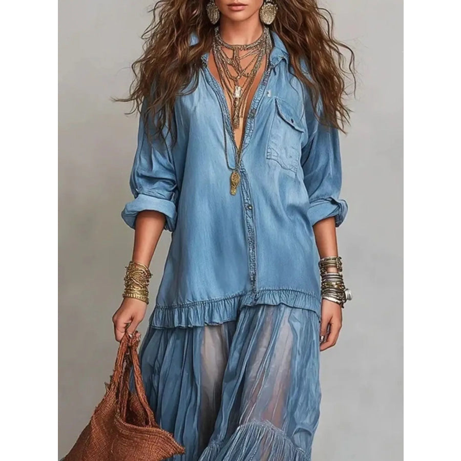 Full Size Sheer Tiered Long Sleeve Maxi Dress Plus Apparel and Accessories