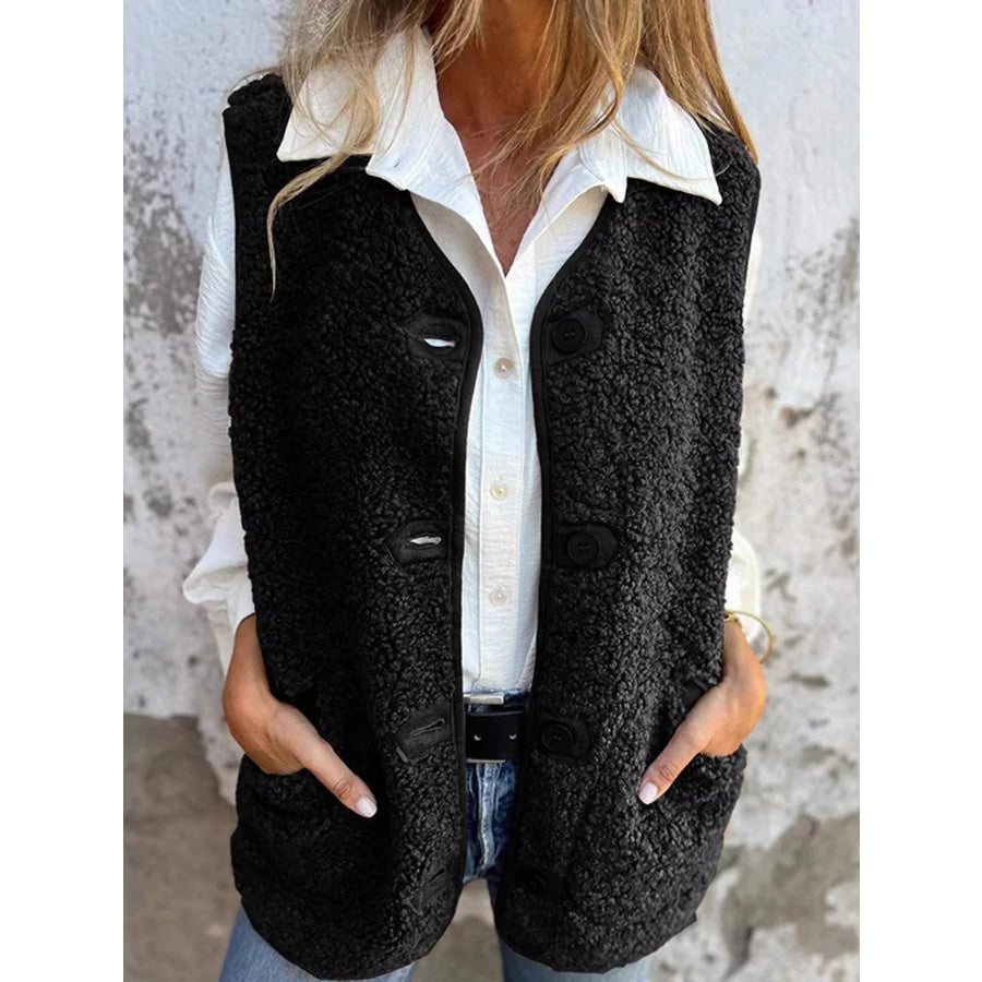 Full Size Sherpa Button-Down Vest Coat Plus Black / S Apparel and Accessories