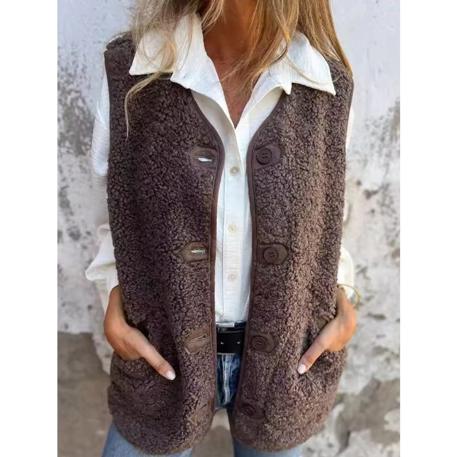 Full Size Sherpa Button-Down Vest Coat Plus Coffee / S Apparel and Accessories