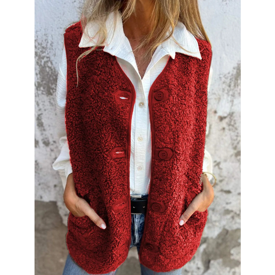 Full Size Sherpa Button-Down Vest Coat Plus Dark Red / S Apparel and Accessories
