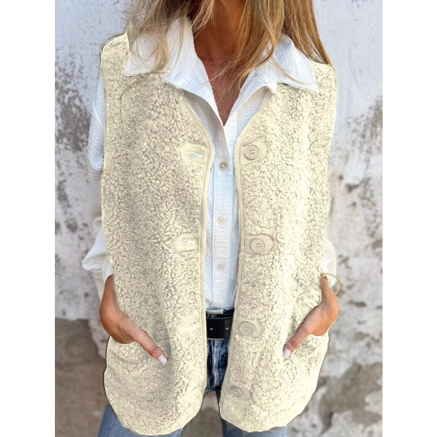 Full Size Sherpa Button-Down Vest Coat Plus Off White / S Apparel and Accessories